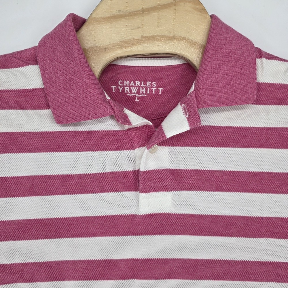 Charles Tyrwhitt Mens Polo Shirt Large Pink Striped  100% Cotton Summer PARTY